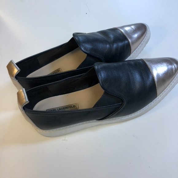 Women Karl Lagerfeld sz 8,5 leather slip on color block black/gold - Picture 3 of 6